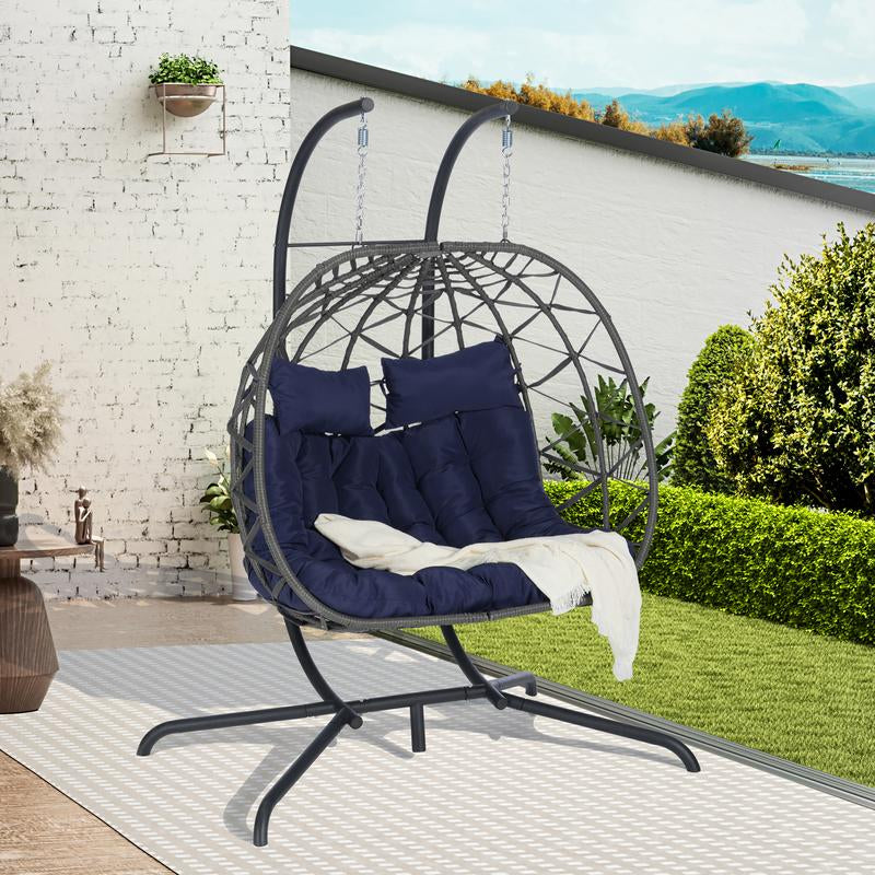 Double Egg Chair with Stand Hanging Indoor Outdoor Wicker Rattan Patio Basket Egg Swing Chair Hammock Egg Chairs