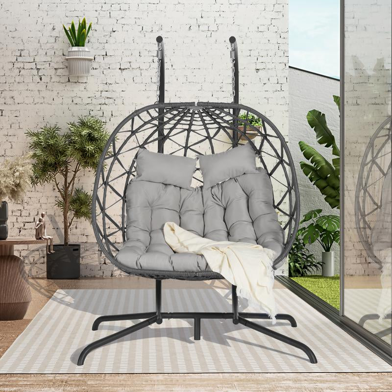 Double Egg Chair with Stand Hanging Indoor Outdoor Wicker Rattan Patio Basket Egg Swing Chair Hammock Egg Chairs