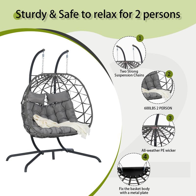 Double Egg Chair with Stand Hanging Indoor Outdoor Wicker Rattan Patio Basket Egg Swing Chair Hammock Egg Chairs
