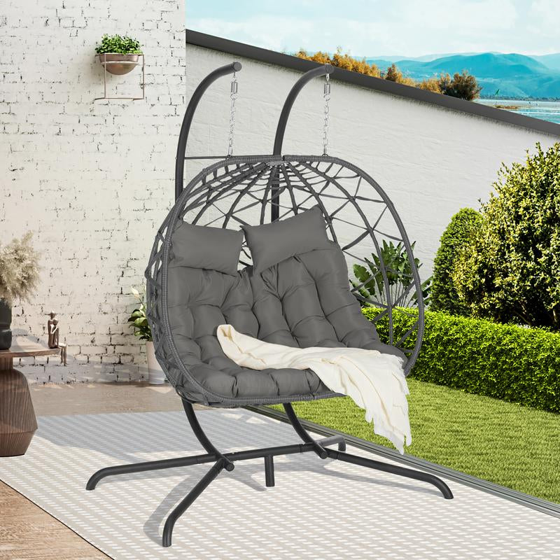 Double Egg Chair with Stand Hanging Indoor Outdoor Wicker Rattan Patio Basket Egg Swing Chair Hammock Egg Chairs 