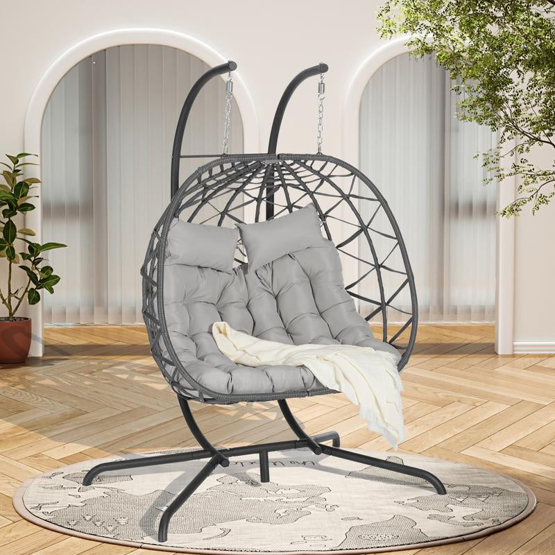 Double Egg Chair with Stand Hanging Indoor Outdoor Wicker Rattan Patio Basket Egg Swing Chair Hammock Egg Chairs 