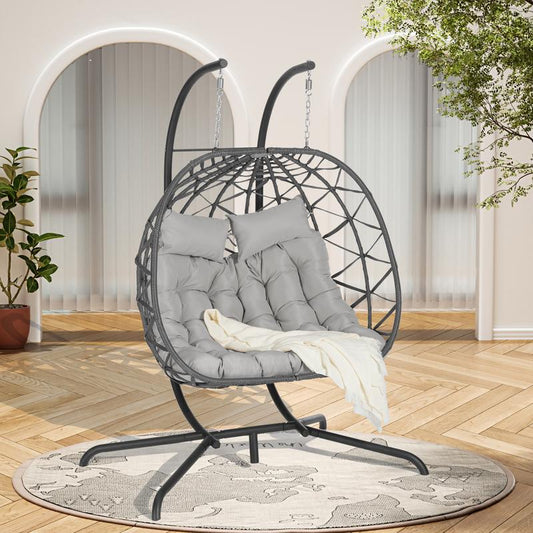Double Egg Chair with Stand Hanging Indoor Outdoor Wicker Rattan Patio Basket Egg Swing Chair Hammock Egg Chairs 