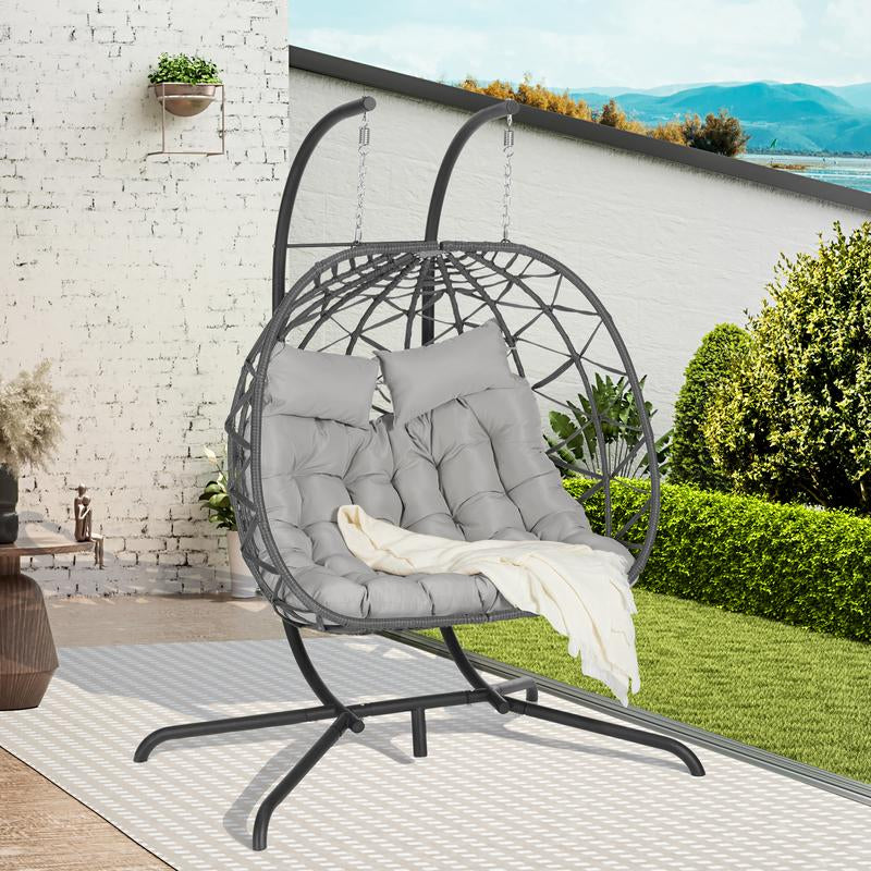 Double Egg Chair with Stand Hanging Indoor Outdoor Wicker Rattan Patio Basket Egg Swing Chair Hammock Egg Chairs 