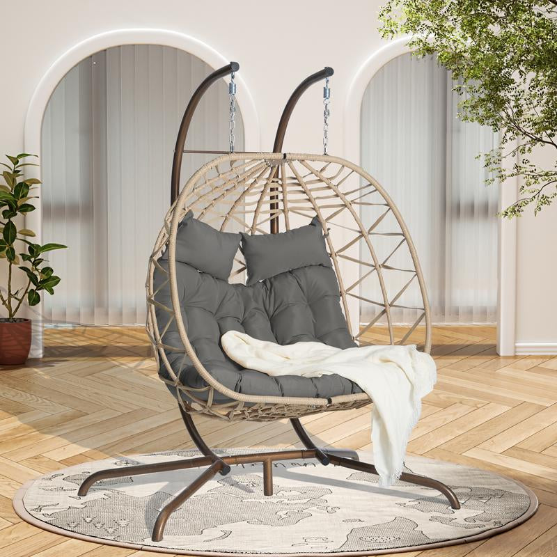 Double Egg Chair with Stand Hanging Indoor Outdoor Wicker Rattan Patio Basket Egg Swing Chair Hammock Egg Chairs 