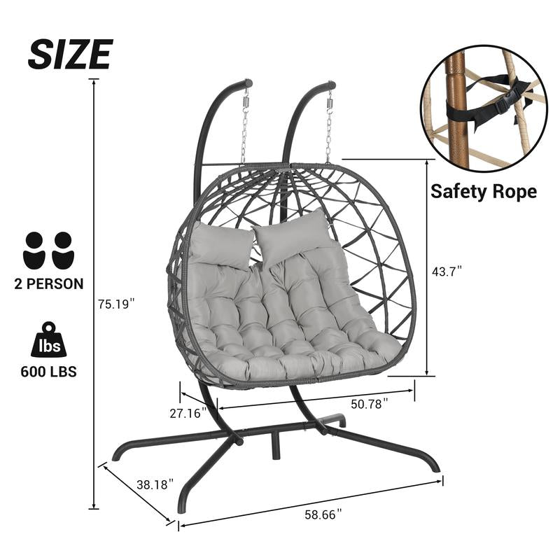 Double Egg Chair with Stand Hanging Indoor Outdoor Wicker Rattan Patio Basket Egg Swing Chair Hammock Egg Chairs 