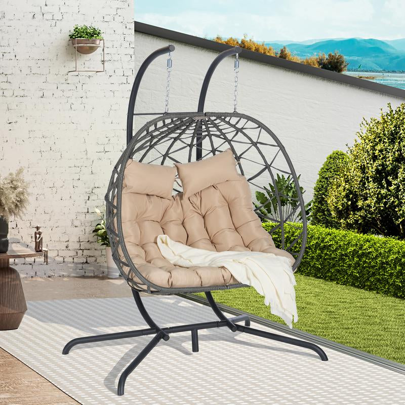 Double Egg Chair with Stand Hanging Indoor Outdoor Wicker Rattan Patio Basket Egg Swing Chair Hammock Egg Chairs 