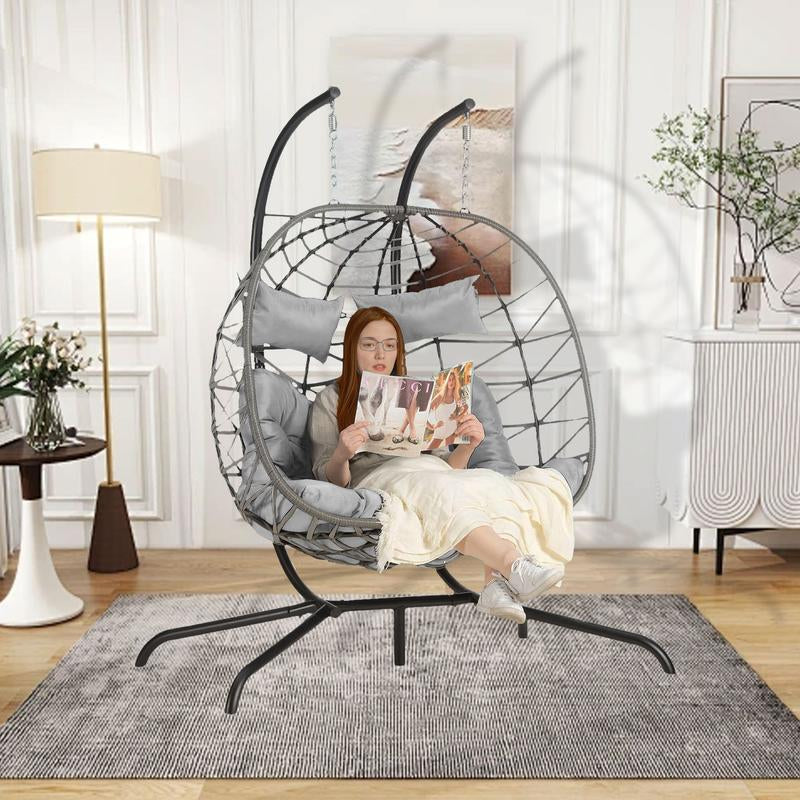 Double Egg Chair with Stand Hanging Indoor Outdoor Wicker Rattan Patio Basket Egg Swing Chair Hammock Egg Chairs 