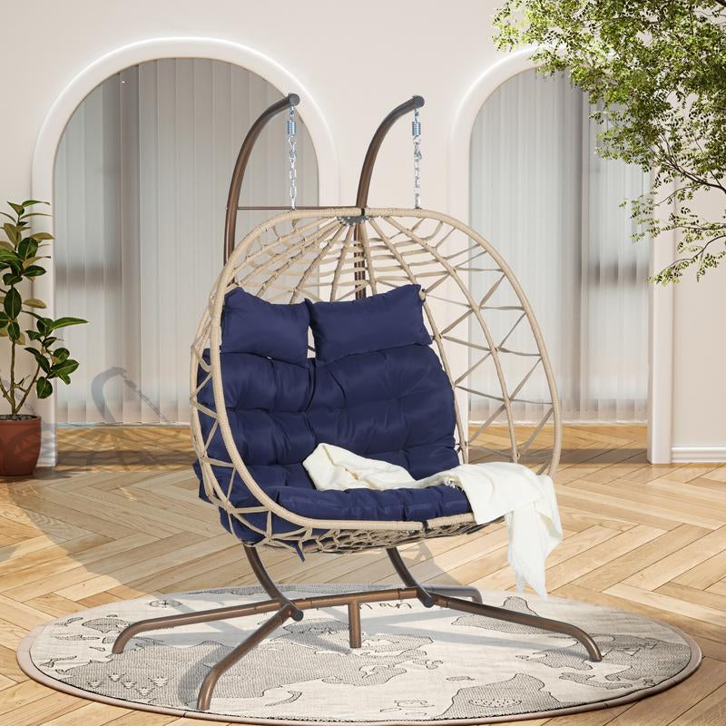Double Egg Chair with Stand Hanging Indoor Outdoor Wicker Rattan Patio Basket Egg Swing Chair Hammock Egg Chairs 