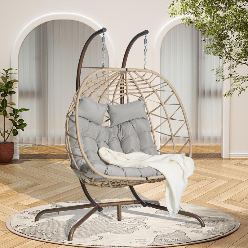 Double Egg Chair with Stand Hanging Indoor Outdoor Wicker Rattan Patio Basket Egg Swing Chair Hammock Egg Chairs 
